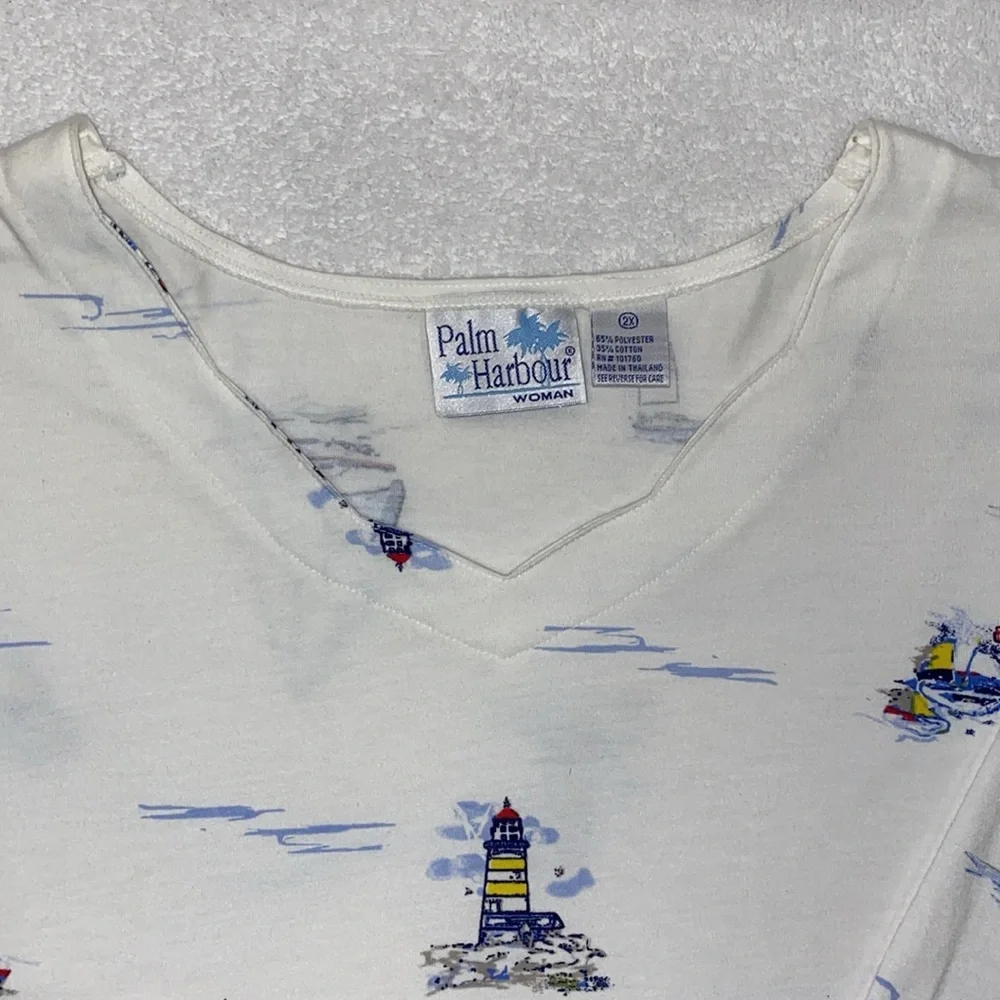 Palm Harbor White Nautical Print lighthouse sailboat vneck pullover 2x - Picture 2 of 7